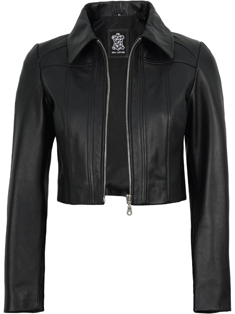 Women’s Black Cropped Leather Jacket Shirt Collar Short Motorcycle Style Jacket